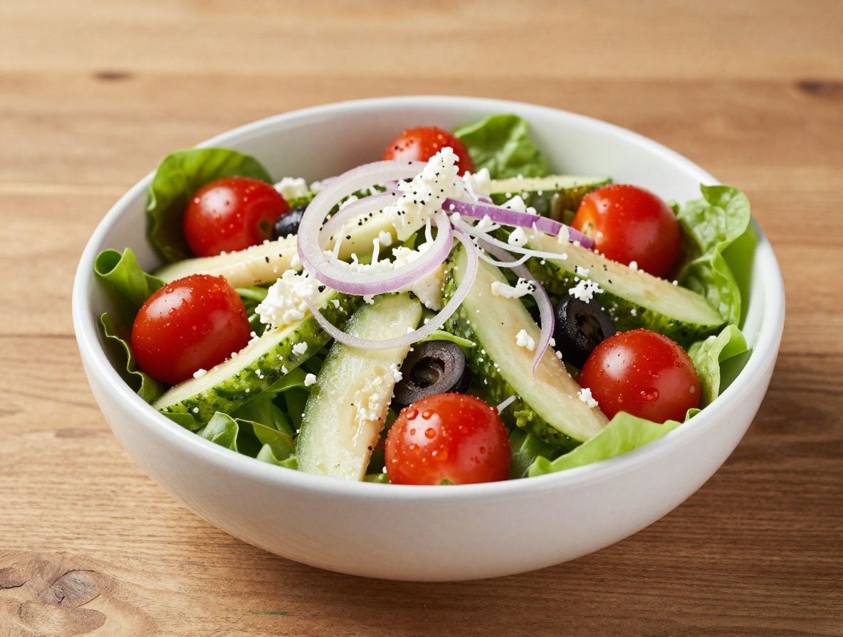 Ensalada mediterránea fresca con tomates cherry, aceitunas negras, queso blanco, pepino, cebolla morada y hojas verdes en cuenco de cerámica blanca, sobre mesa de madera con luz natural