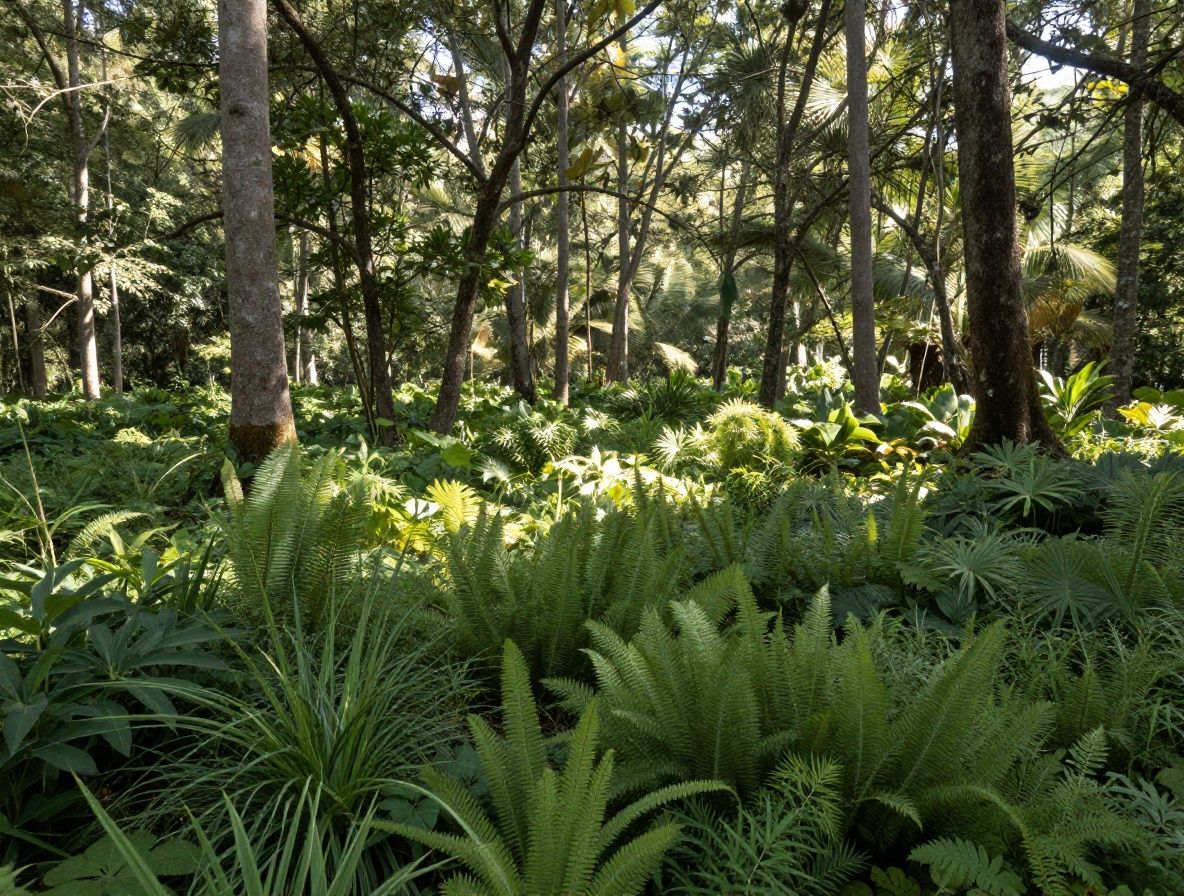 Paisaje natural sereno con vegetación exuberante, plantas medicinales y luz solar filtrándose entre árboles de bosque, transmitiendo vitalidad y bienestar