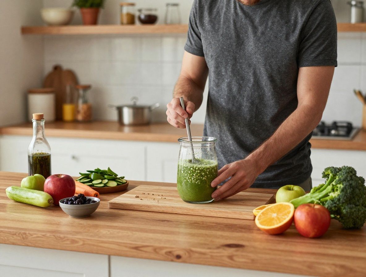 Hombre activo preparando batido nutritivo en cocina moderna luminosa con ingredientes naturales frescos: frutas, verduras y proteínas vegetales sobre encimera de madera
