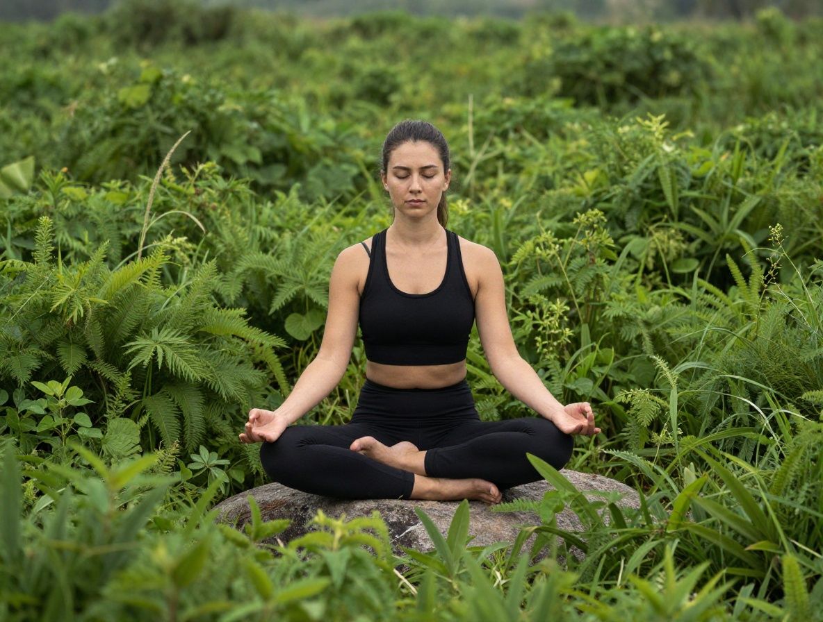 Persona practicando meditación al aire libre sentada en postura de loto sobre una roca rodeada de vegetación verde exuberante, con luz matutina suave y niebla ligera al fondo