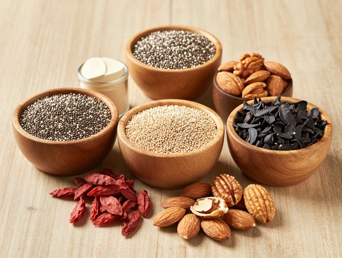 Variedad de superalimentos y semillas: chía, cáñamo, quinoa, nueces, almendras y bayas de goji en pequeños cuencos de madera sobre superficie rústica con luz cálida lateral